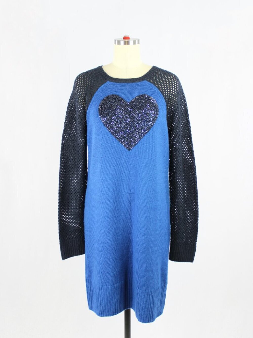 LOVE MOSCHINO Blue Wool Knit Sequin Heart Raglan Sleeve Sweater Dress, Size 44/L